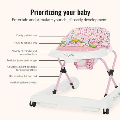 Side profile of Dream On Me pink baby walker with adjustable height