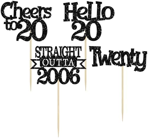 Cheers to 20 and Hello 20 black glitter cake decorations close up shot.