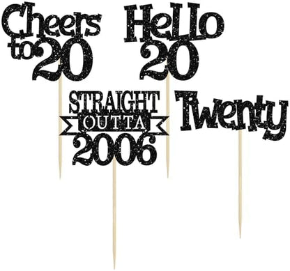 Cheers to 20 and Hello 20 black glitter cake decorations close up shot.