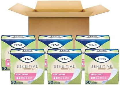 Side view of TENA very light absorbency incontinence liners packaging detailing skin friendly features.