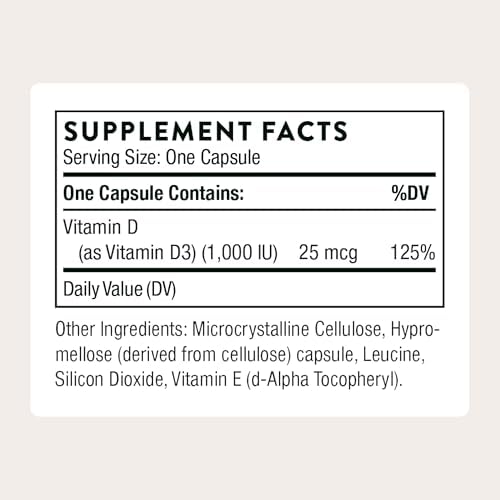 Thorne Vitamin D 1000 supplement bottle side panel displaying detailed nutritional facts and clean ingredients.