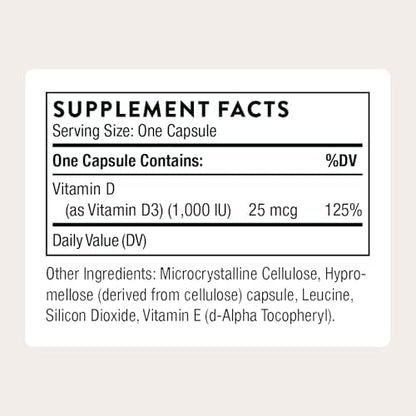 Thorne Vitamin D 1000 supplement bottle side panel displaying detailed nutritional facts and clean ingredients.