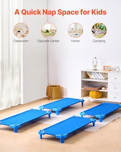 Four VEVOR preschool classroom sleeping cots arranged neatly for toddler rest time.