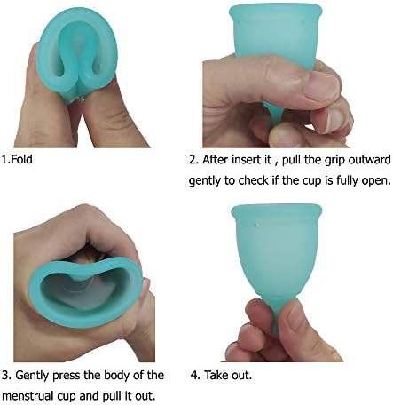 Collapsible blue silicone sterilizing cup for cleaning reusable period products.