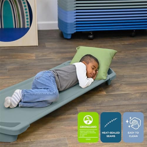 Side view of Angeles SpaceLine daycare cot with teal fabric and plastic frame