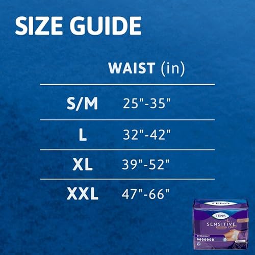 Side view of TENA Sensitive Care Overnight adult diaper packaging displaying size chart and waist measurements.