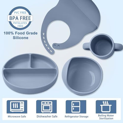 Silicone baby bib with food catcher and training utensils