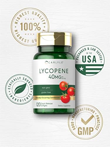 Close-up of Carlyle Lycopene quick release softgels poured out on a clean surface