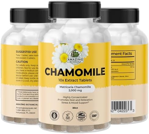 Back label of Amazing Botanicals Chamomile Extract highlighting the two thousand milligram dosage and ingredient purity.