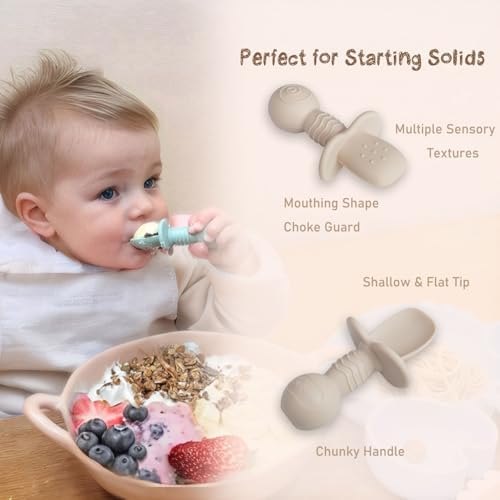 Complete four pack set of the USA imported Ginbear platinum silicone spoons in a modern aesthetic display.