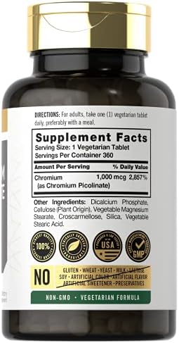 Carlyle Chromium Picolinate 360 vegetarian tablets dietary supplement nutrition facts label