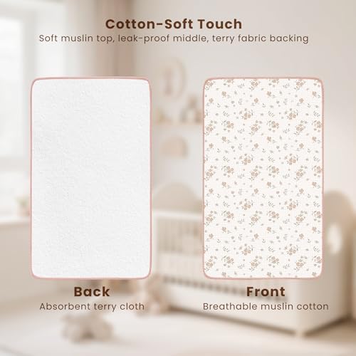 Two pack set of Konssy muslin cotton changing pads displayed in pink and blossom patterns.