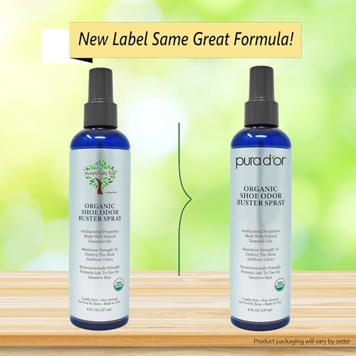 Mountain Top by PURA D'OR organic foot and shoe spray 8 ounce bottle label details.
