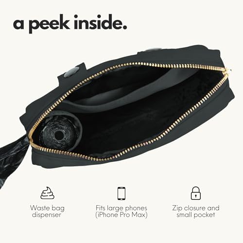 Close up of Elby leash poop bag dispenser and treat pocket