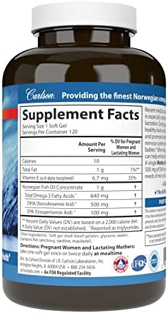Carlson Mother's DHA 120 softgels supplement facts label