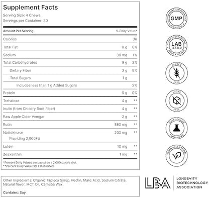 Novos Vital all in one organ support chews in tropical flavor showing supplement facts label