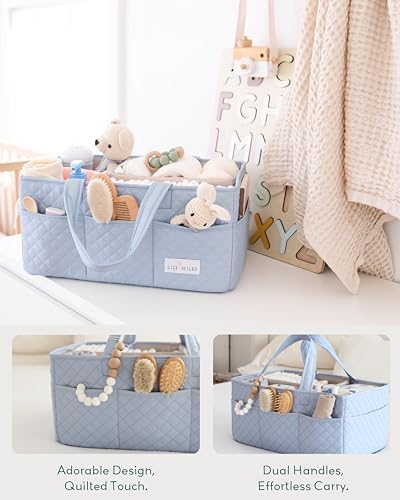 Portable baby diaper caddy side profile highlighting exterior pockets