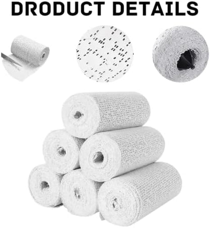 Six white plaster strip gauze rolls arranged neatly to highlight the premium packaging and product count.