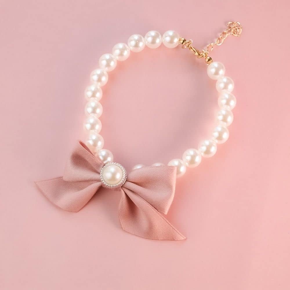 DPWOUM Pearl Dog Necklace front view showing the elegant pink bow pendant.