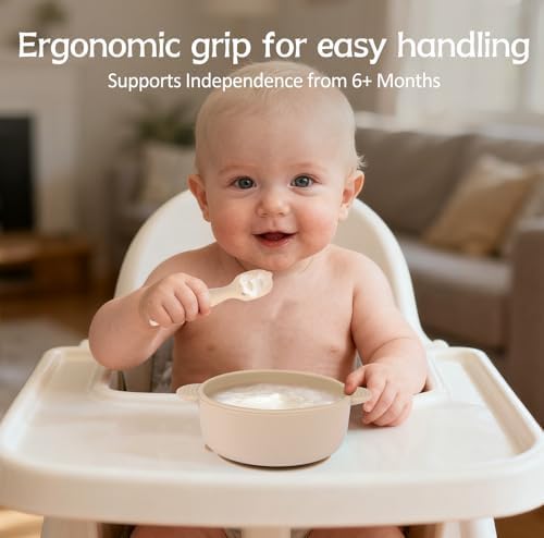 Thick contoured ergonomic handle of the toddler feeding utensil for easy grip