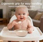 Thick contoured ergonomic handle of the toddler feeding utensil for easy grip
