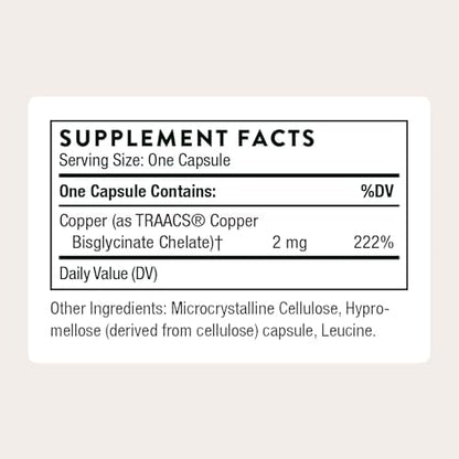 Thorne Copper Bisglycinate dietary supplement bottle highlighting skin and heart support