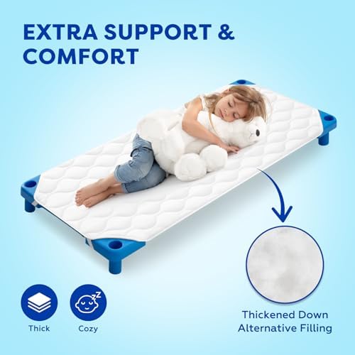 Comfyanno soft microfiber toddler nap pad spread flat on a standard preschool sleeping cot