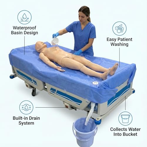 Close up of the integrated gravity drainage tube attached to the waterproof bedside bathing kit.
