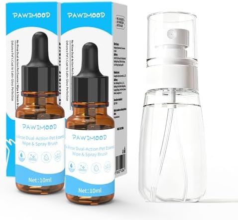Pawimood waterless pet shampoo spray bottle close up showing transparent liquid formula.