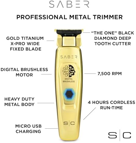 StyleCraft Precision Saber trimmer displaying the Gold Titanium X-PRO wide fixed blade assembly close up.
