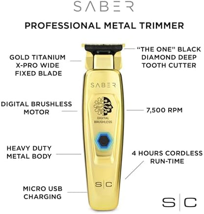 StyleCraft Precision Saber trimmer displaying the Gold Titanium X-PRO wide fixed blade assembly close up.