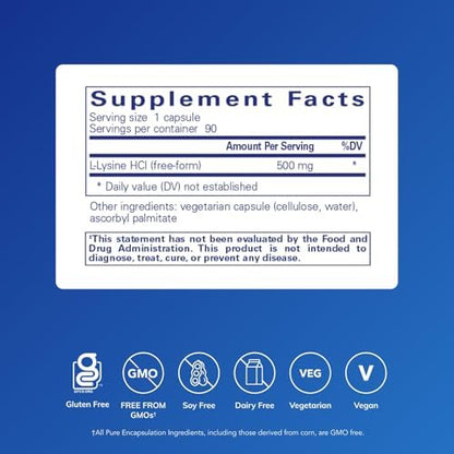 Pure Encapsulations L-Lysine dietary supplement bottle label