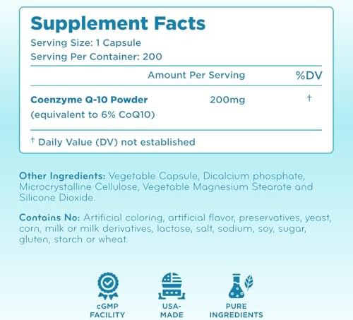 Clear Formulas Coenzyme Q10 supplement facts label listing ubiquinone and rice flour ingredients