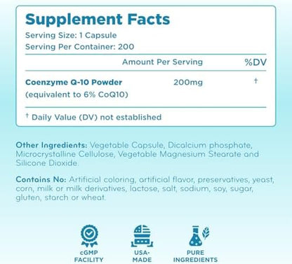 Clear Formulas Coenzyme Q10 supplement facts label listing ubiquinone and rice flour ingredients