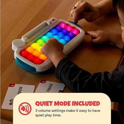 Back view of the Chuckle and Roar Pop It educational device highlighting the quiet mode switch and battery panel.