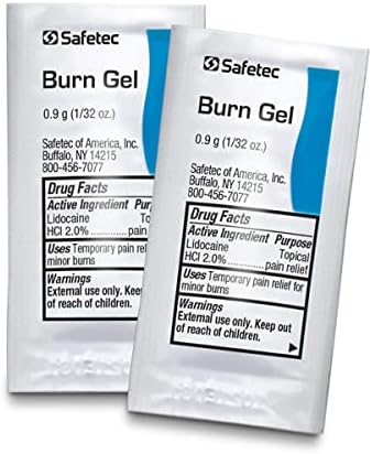 Individual 0.9 gram Safatec burn relief packets with lidocaine