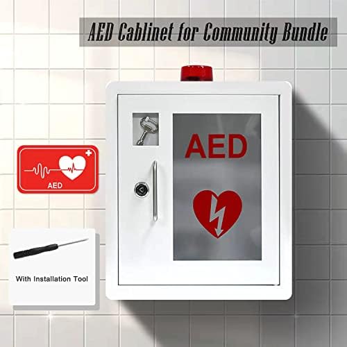 Open AED cabinet showing internal storage space for defibrillators.