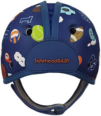 Rear view of SafeheadBABY infant safety helmet with adjustable sizing strap