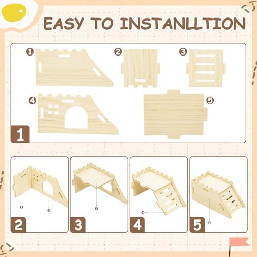 BreezeHug 4 Pcs Hamster Platform Hideout Wooden Tunnel Ladder Playhouse Hamster Game Climbing Toy with Platform Cage Accessories for Pets Dwarf Syrian Mice Degus Gerbils Squirrel(Castle) - Image 6