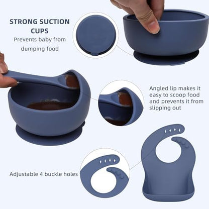 Top view of blue silicone baby suction bowl and plate