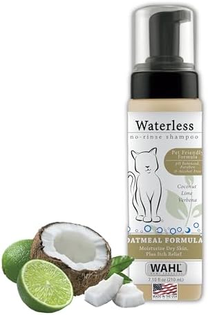 Wahl oatmeal no-rinse cat shampoo foam dispenser packaging showing coconut lime verbena scent.