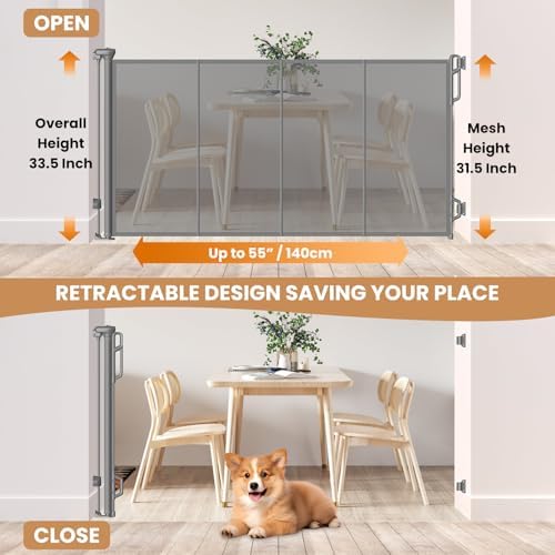 Gray retractable mesh dog gate extended across indoor hallway showing vertical support rods