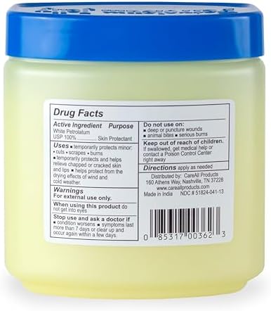 CareAll white petrolatum USP protective moisturizing jelly tub showing secure lid closure.