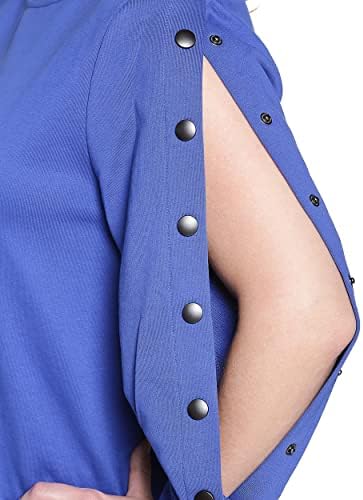 Side view of royal blue dialysis top highlighting the easy access snap sleeves.