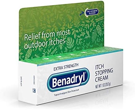 Benadryl Extra Strength itch stopping cream tube for outdoor skin irritation and sunburn relief.