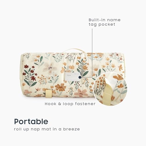 Wake In Cloud floral orange and cream nap mat with integrated blanket open