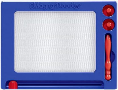 Child using blue magnetic drawing board with stylus