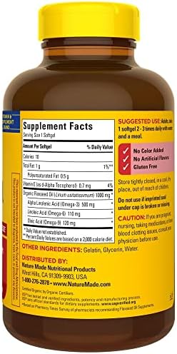 Nature Made Flaxseed Oil 1000 Milligrams dietary supplement bottle back label details
