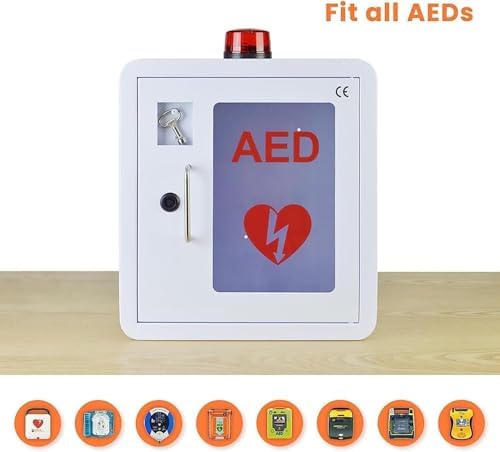 AED cabinet door open showing internal storage space for defibrillator