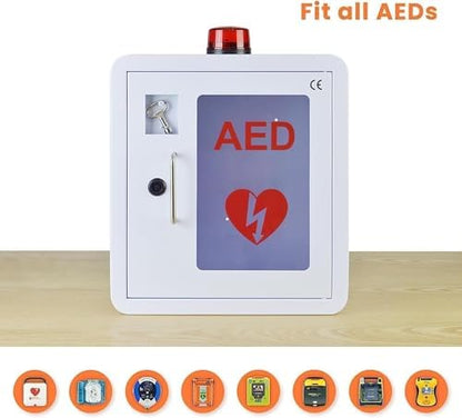 AED cabinet door open showing internal storage space for defibrillator